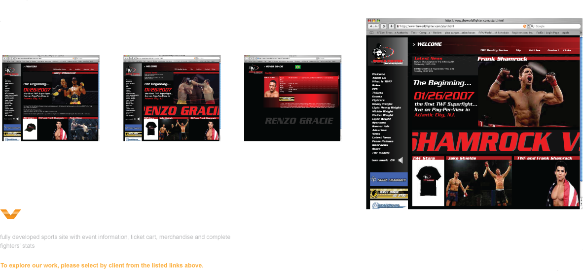 fully developed sports site with event animations, ticket cart, merchandise and fighters’ stats